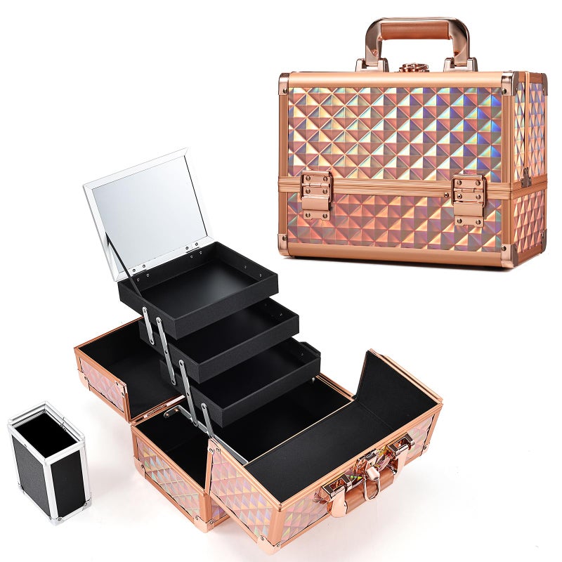 Joligrace Makeup Train Case Cosmetic Box 11.6 Inch Jewelry Organizer Professional 3 Tiers Trays with Mirror and Brush Holder Lockable Key Portable Travel - Rose Gold - Image 1